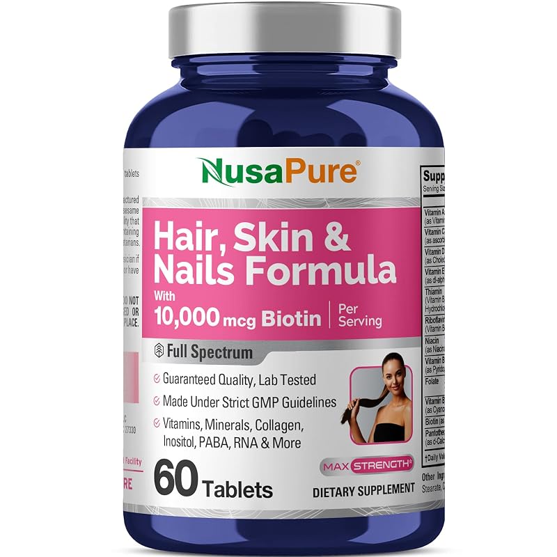 NusaPure - Suplemento para cabelos, pele e unhas com biotina 10.000 mcg - 60 comprimidos