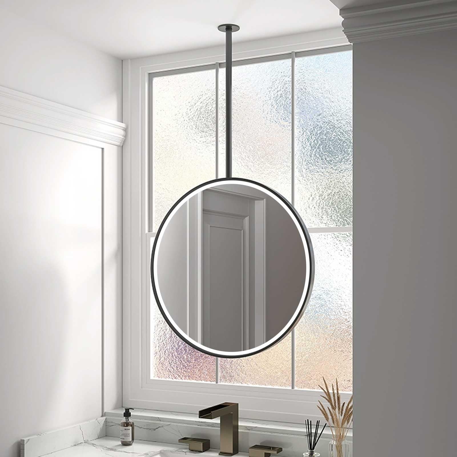 Miroir de salle de bain LED rond en métal noir suspendu haut de gamme