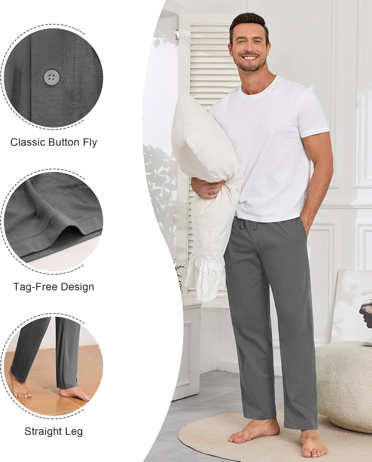 COLORFULLEAF 100% Cotton Mens Pajama Pants Lightweight Sleep Lounge Bottoms Elastic Waistband Button Fly With Pockets - Image 3