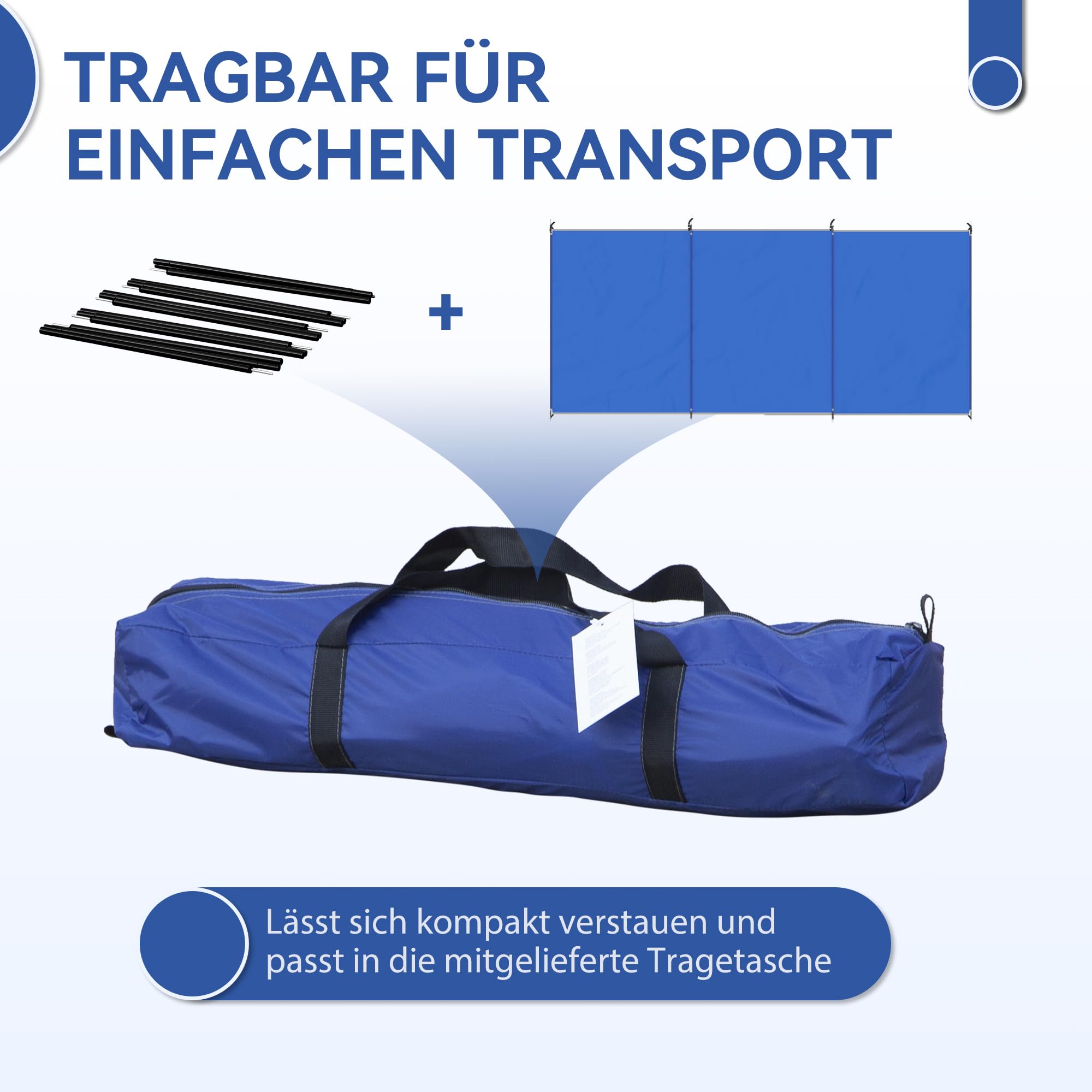 Outsunny Windschutz faltbar Camping Sichtschutz mit Tragetasche Stahlstangen Windfang Zaun Strandwindschutz Strandschutz für Camping Garten, Strand, Terrasse 450 x 150 cm Blau