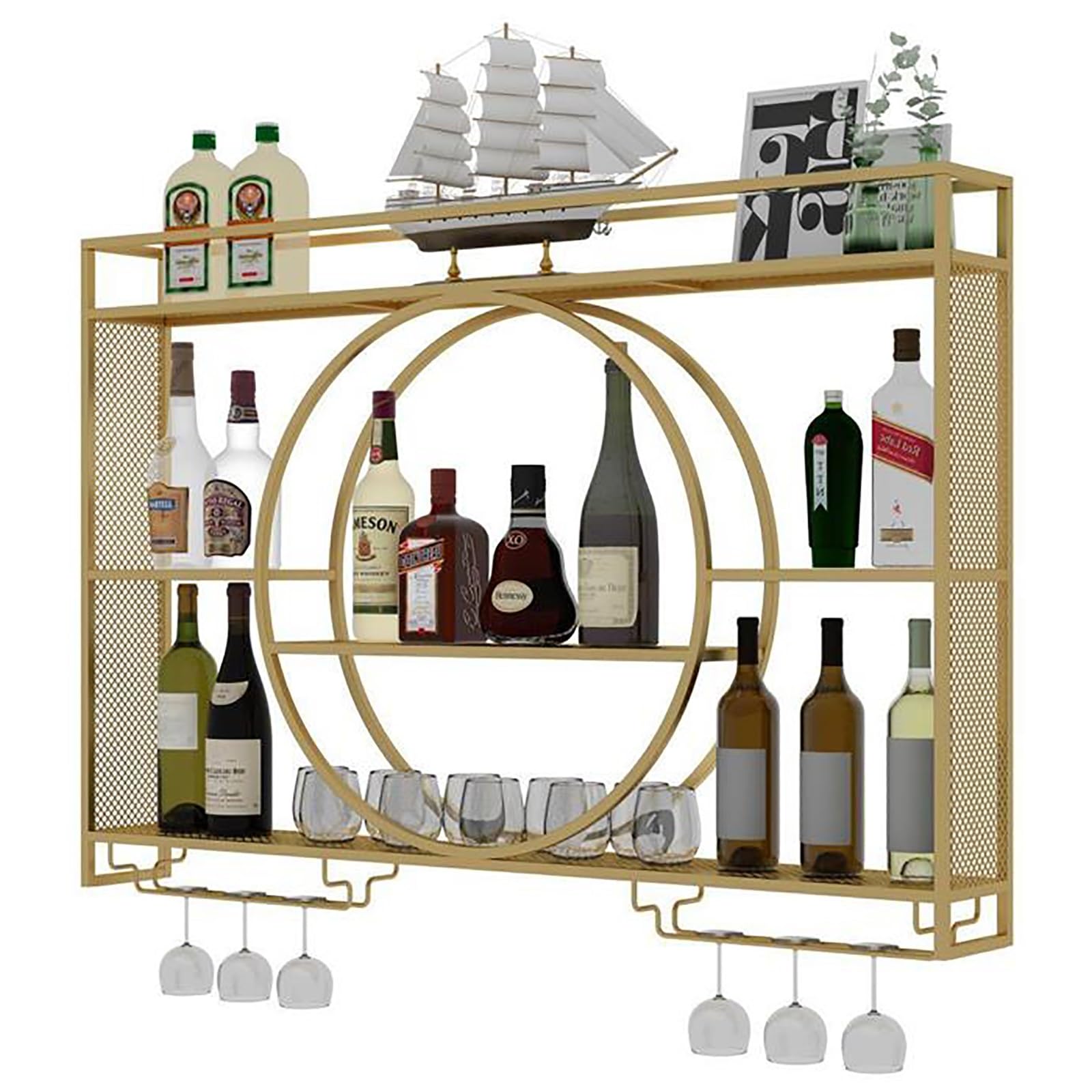 Casier à vin mural industriel en métal avec porte-verres pour salon