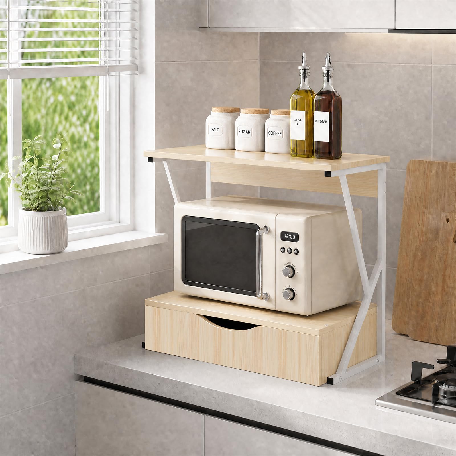 Mensola per Microonde Struttura in Metallo con Mensola in Legno MDF e Cassetto Organizzatore Porta Utensili da Cucina Design Moderno, 54x35x50 cm-Acero Bianco