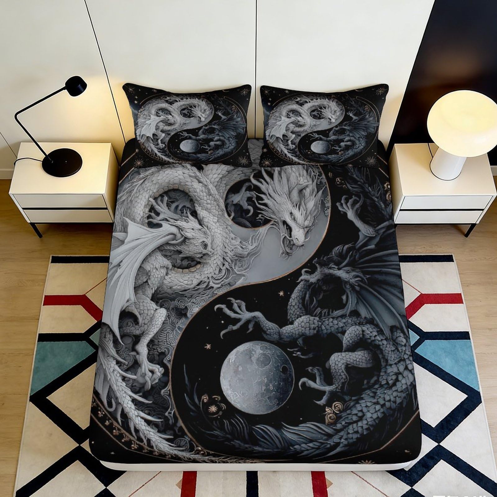 3D Printed Yin Yang Dragon Fitted Sheet Microfiber Soft Breathable Celestial Moon Bed Cover for Bedroom Dormitory Guest Room Mattress Protection Decor 180x200x25cm