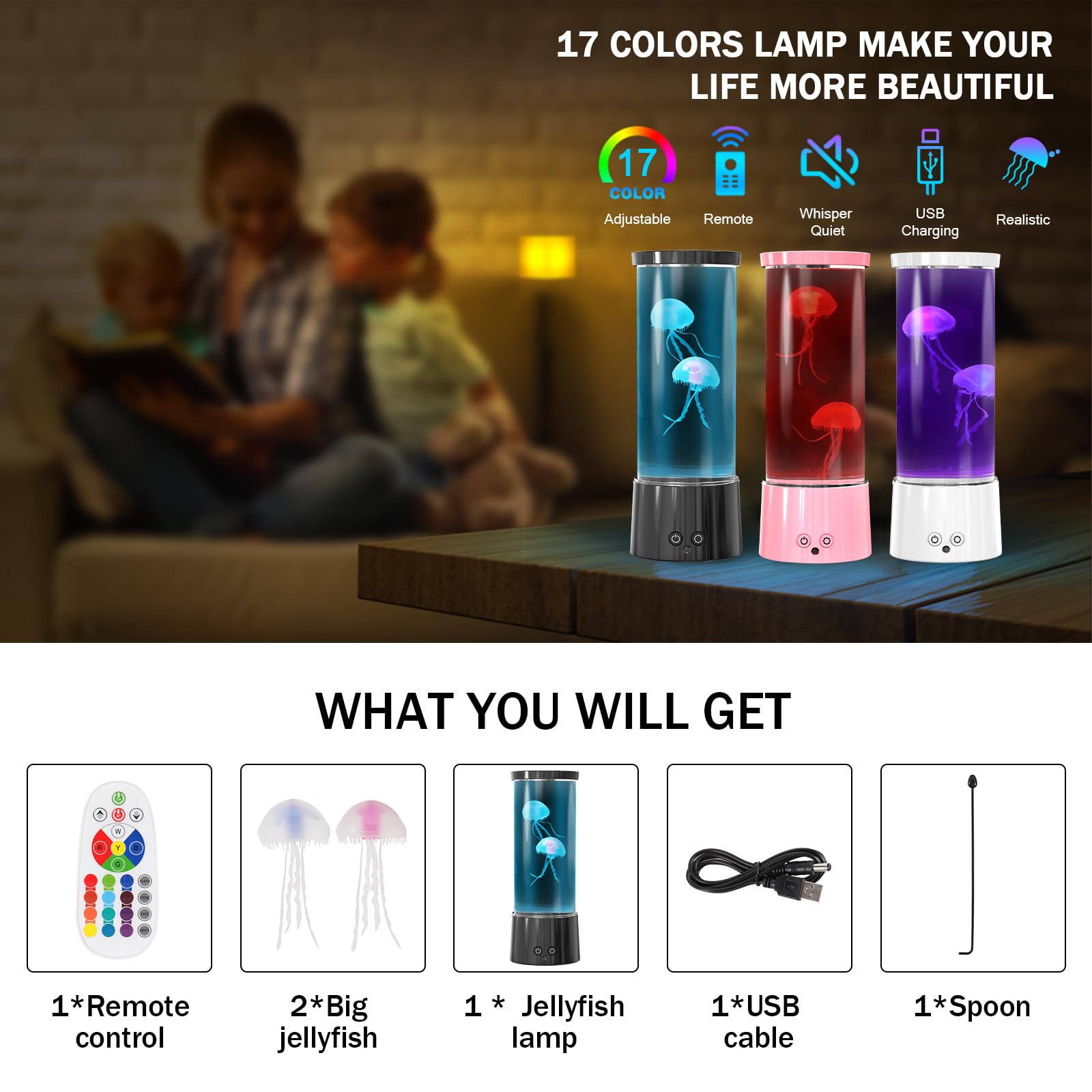 17 Farben Quallen Lavalampe, dimmbares LED Aquarium Nachtlicht für Kinder