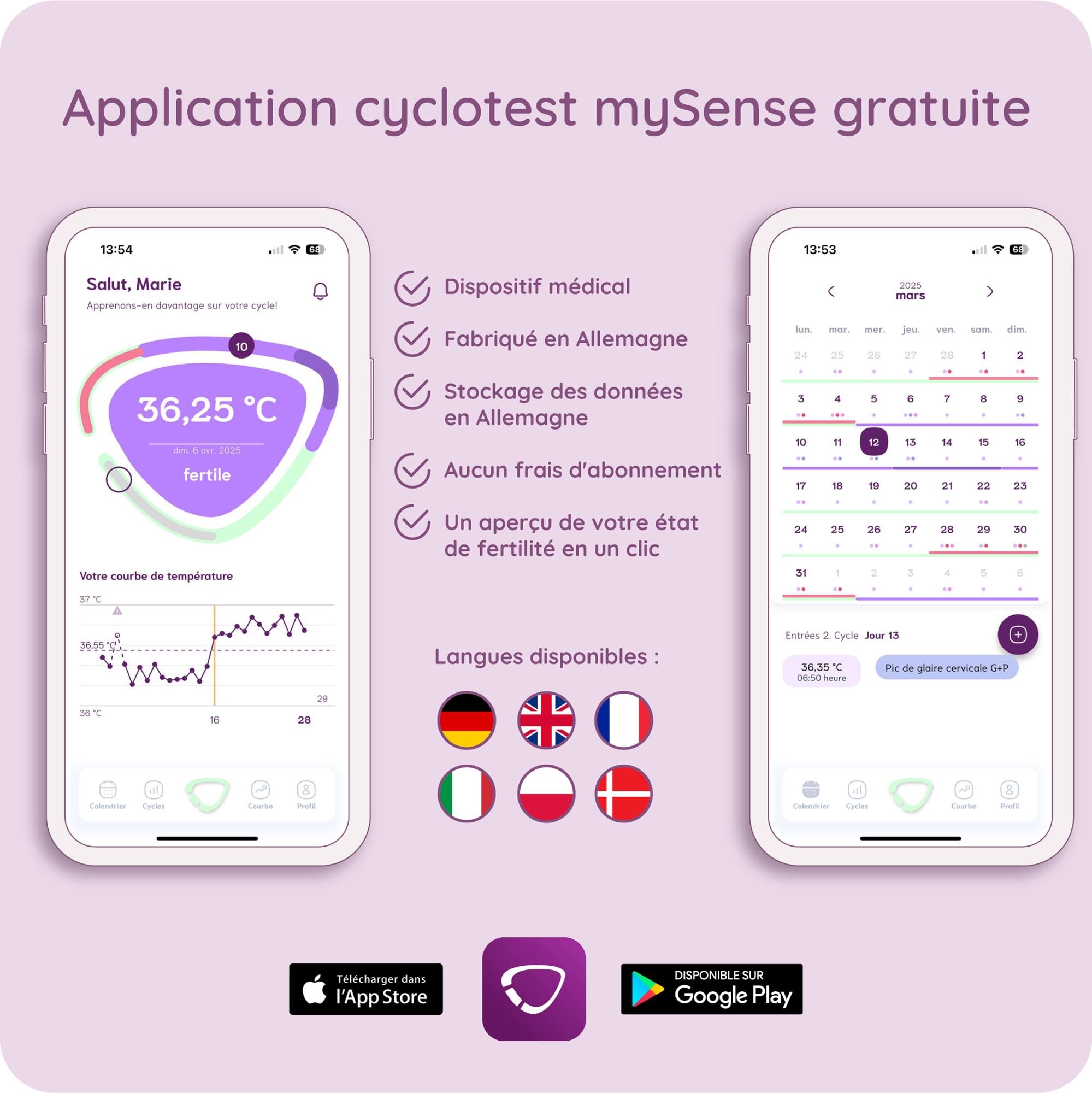 Cyclotest MySense lifetime - Thermomètre Basal connecté | App premium à vie - Connexion bluetooth - Transfert température automatique - Suivi de cycle facile - Haute précision de mesure