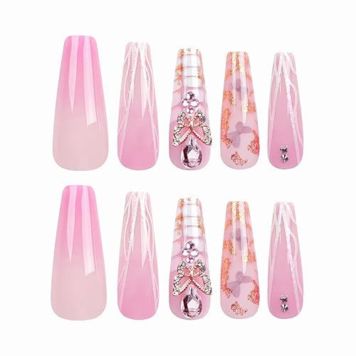 Miniatura 2 de BABALAL Uñas postizas extralargas a presión en forma de ataúd, uñas postizas de color amarillo y rosa degradado, uñas acrílicas con dije de mariposa