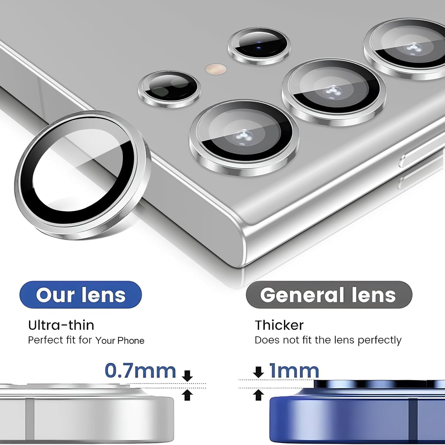 Coiwxmoi Ochraniacz na obiektyw aparatu do Samsung Galaxy S23 Ultra 5G, szkło hartowane 9H, HD przezroczyste odporne na zarysowania, aluminiowy ochraniacz na aparat 3D, srebrny
