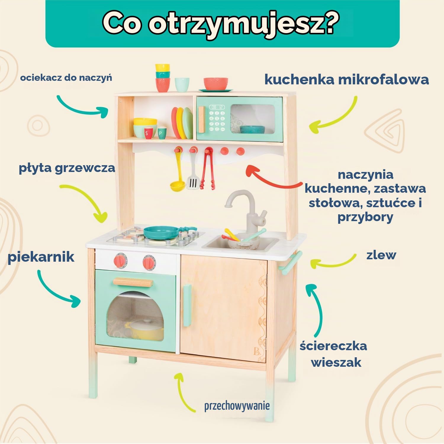 B. Zabawki - Mini aneks kuchenny szefa kuchni - drewniana kuchnia do zabawy, zabawa udawana i fantazyjna zabawa dla dzieci, 2 lata + (33 sztuki)