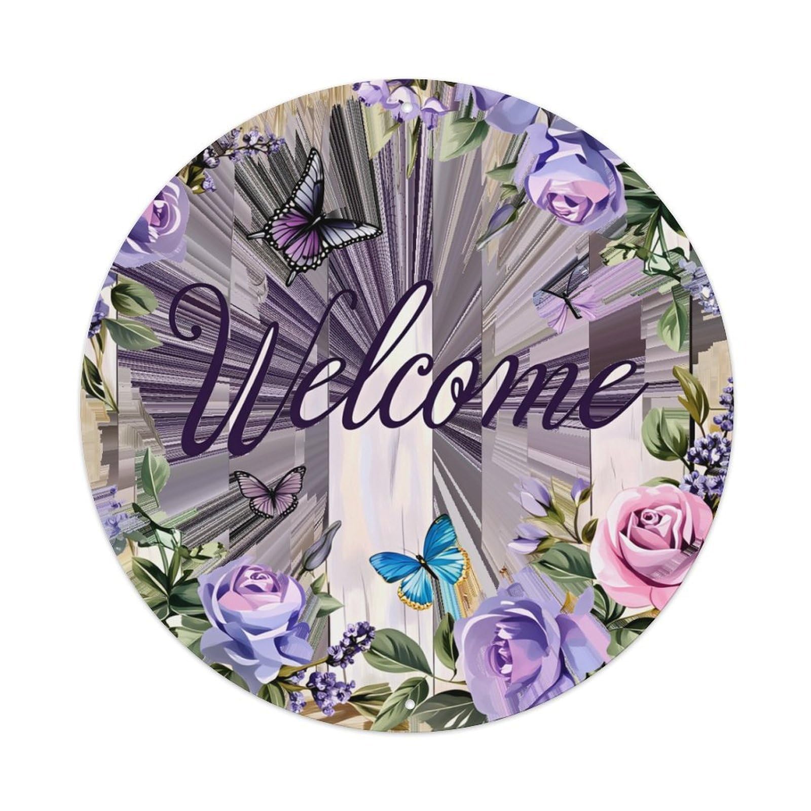 Floral Butterflies Wood Welcome Roses Round Tin Sign Retro Metal Sign for Cafe Bar Pub Home Game Room Gym Club Wall Decoration Vintage Metal Poster 8x8 Inch