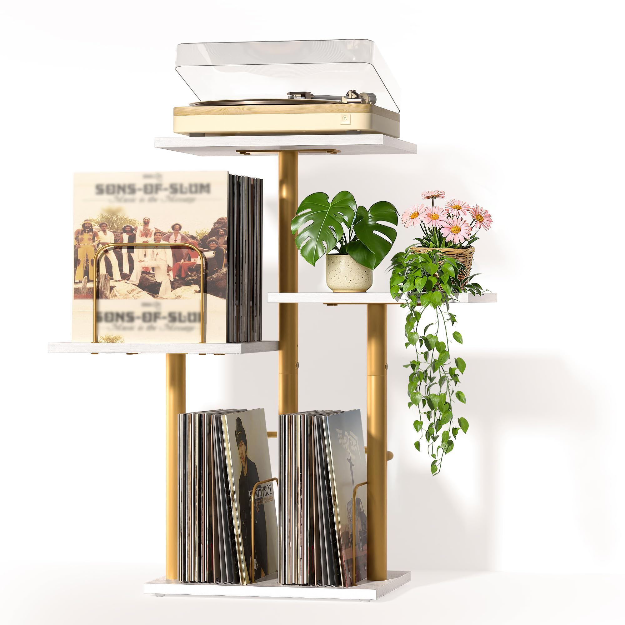 Bikoney Mobile Porta Giradischi in Legno con Scaffale per Vinili e LP - Oro | Espositore LP per spazi ridotti, Design Retrò Bianco e Legno, Mobiletto Salotto, Stabile, Montaggio Rapido, Porta Dischi