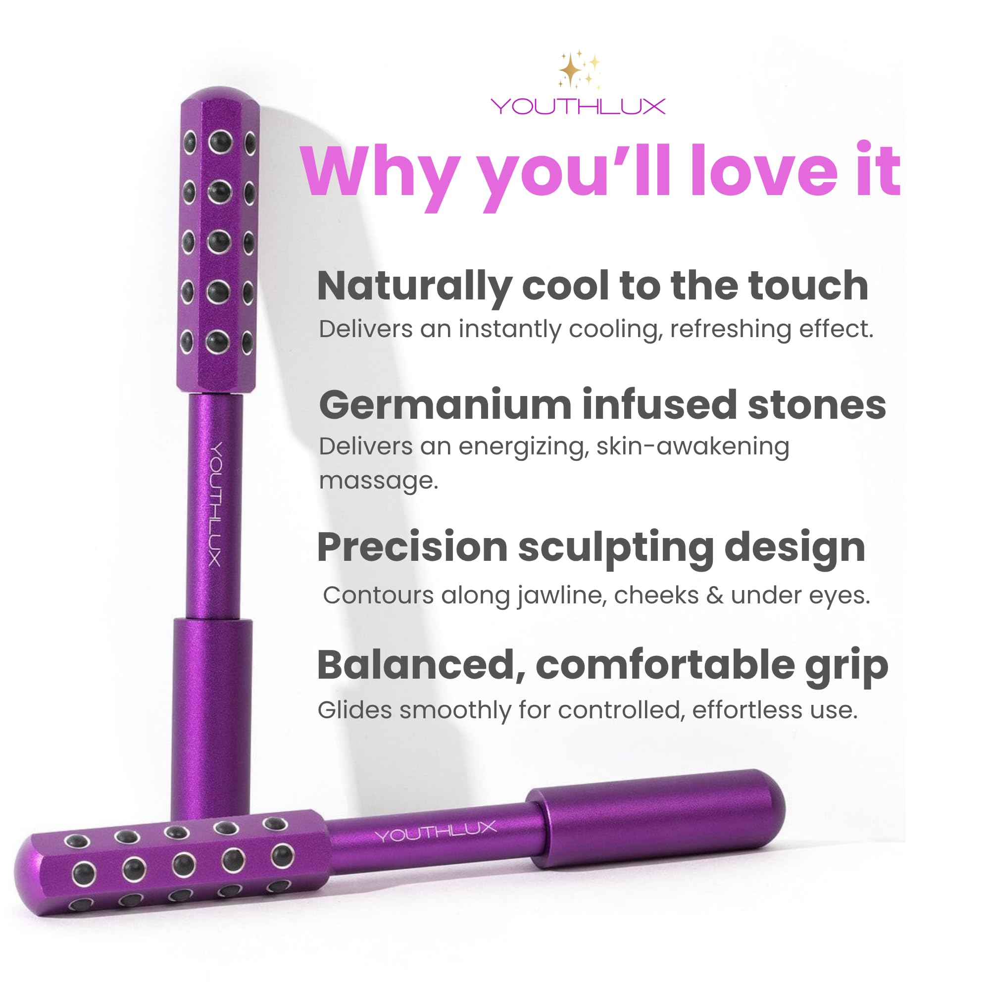 Radiance Roller – Germanium Stone Facial Massage Tool/Wand Face Roller for Lifting, Sculpting, De-Puffing, Glow Boost, Energizing & Cooling Effect (Purple)