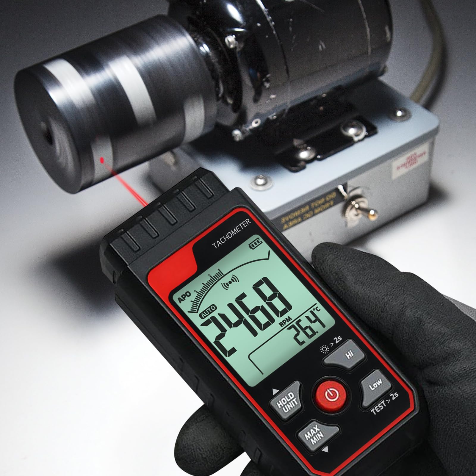 Tachimetro Digitale Sensore Fotografico Laser Senza Contatto Tachimetro di Velocità di Rotazione, Gamma da 2,5 a 99999 giri/min Alta Precisione con Funzione di Allarme Retroilluminazione Scala a Barre