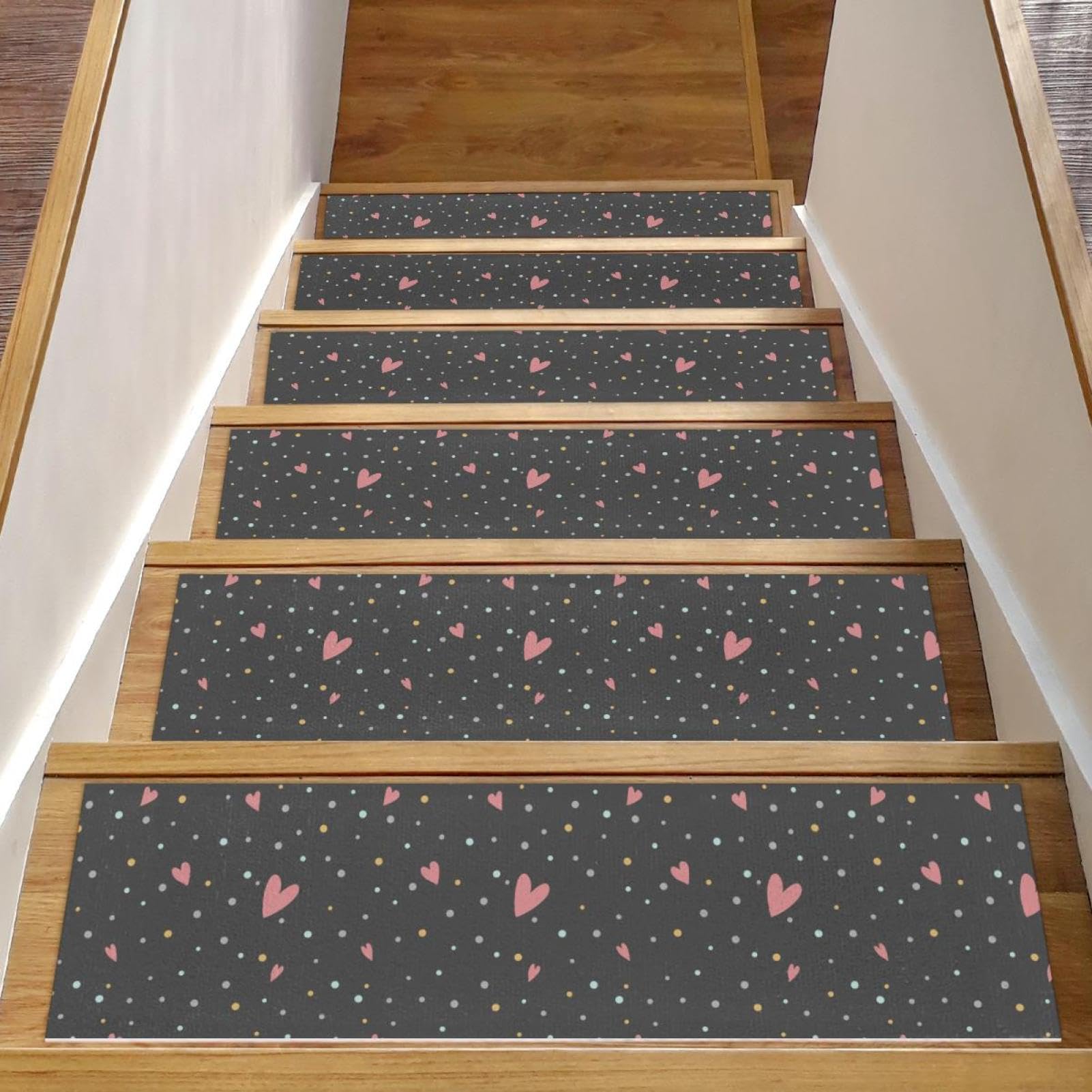 Alfombras para escalones de madera antideslizantes con diseño de corazones, pack de 15 piezas