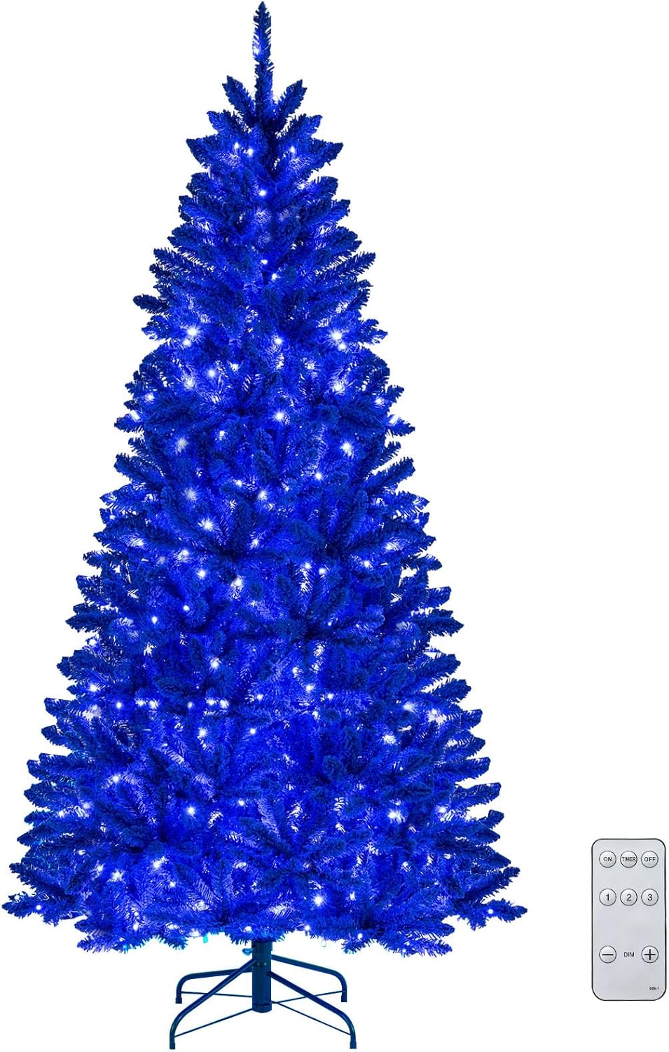 GOFLAME 7FT Pre-lit Artificial Christmas Tree, Hinged Xmas Tree with Royal Blue Flocked Branch Tips, 340 Dimmable LED Lights, 3 Lighting Modes, Timer & Remote, Holiday Decoration Tree for Home Party