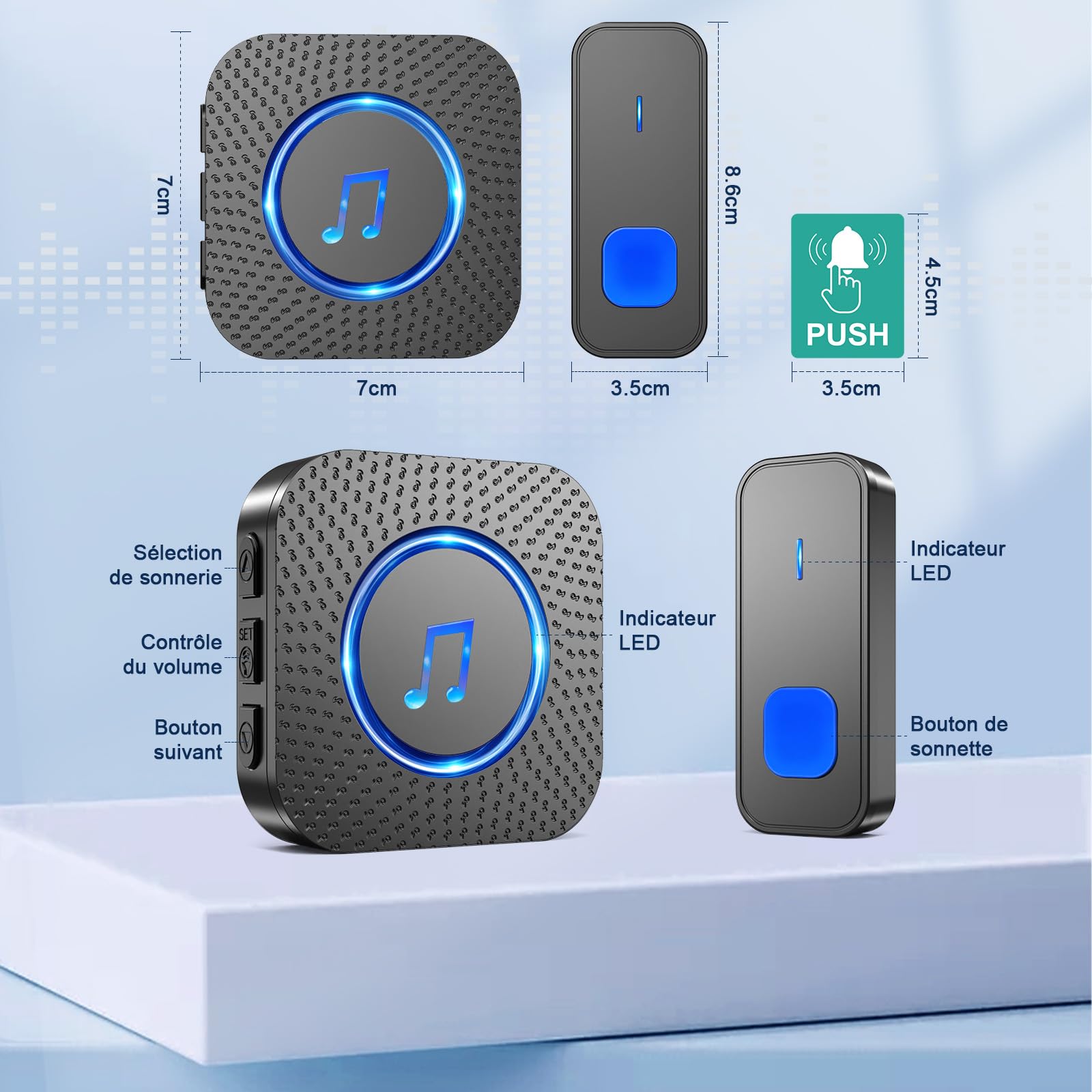 SURFOU Sonnette sans Fil, 400M Sonnette Longue Portée Exterieur Étanche Electronique, Kit de Carillon avec 2 Récepteurs Enfichables pour la Maison, LED Bleu, 55 Mélodies, 5 Niveaux Volumes, Noir