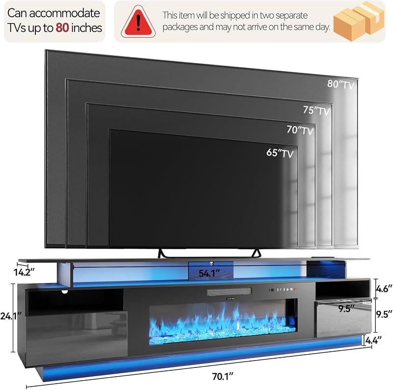 FJTJBSI 70" Fireplace TV Stand with 36" Electric Fireplace Entertainment Center with Charging Station and LED Light Console Table for Television up to 80 inch with Storage for Living Room image 2