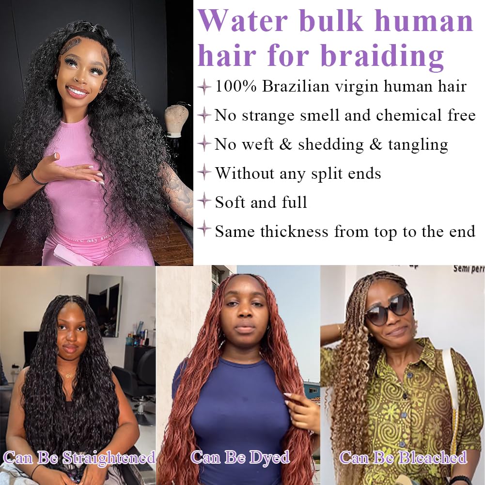 Human Braiding Hair 24 Inch 2 Bundles Human Hair Braiding Hair No Weft Water Wave Bulk Human Hair Extensions for Boho Braids Wet and Wavy 100g