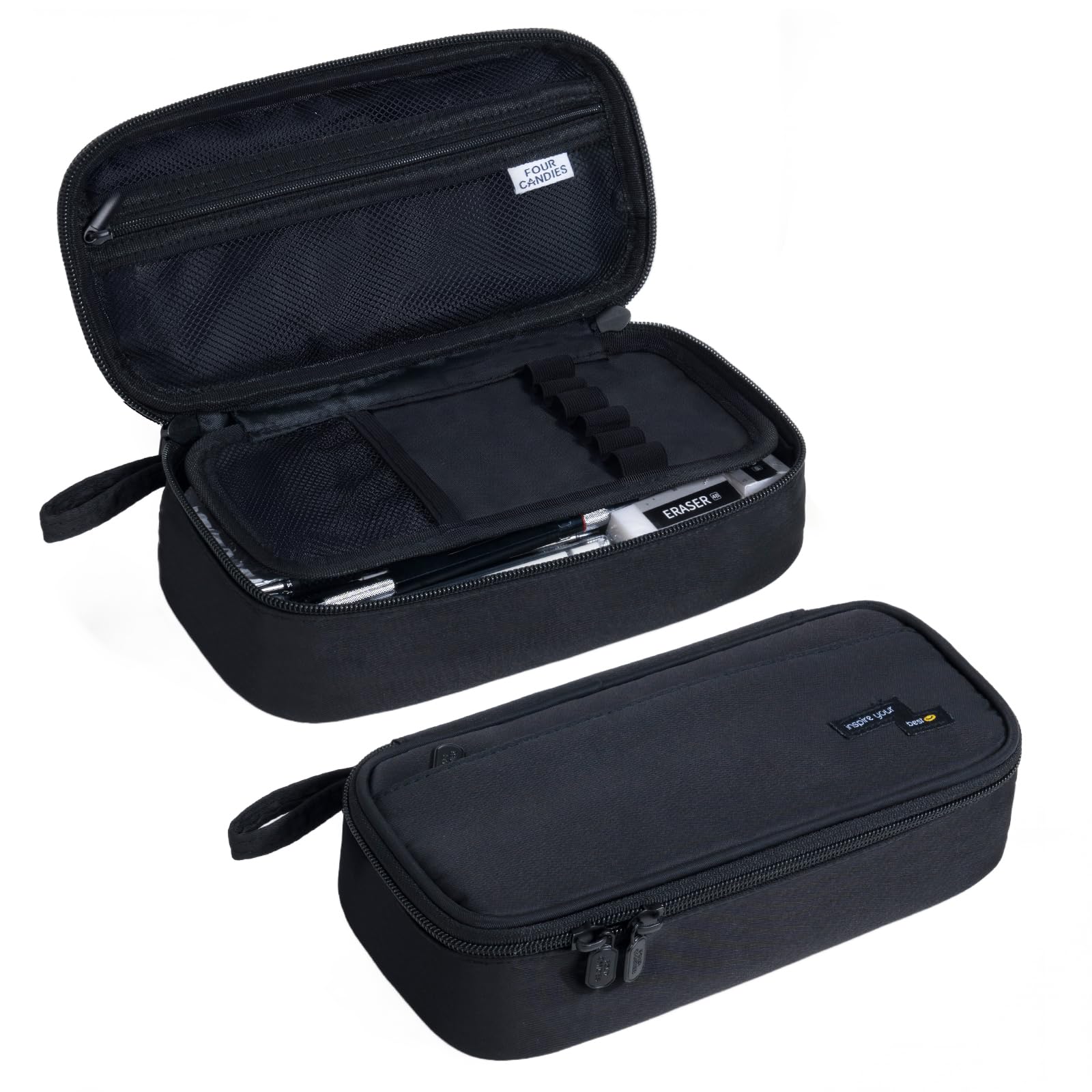 Four Candies Large Pencil Case, Black Pencil Pouch with Zipper