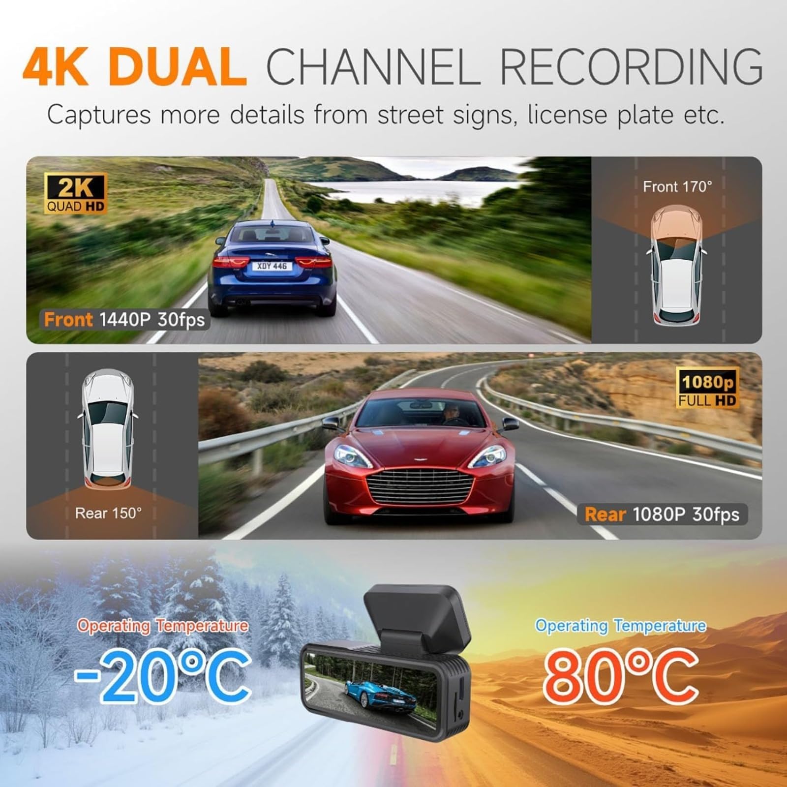 Auto Dash Cam, 4K HDR Aufnahme, WiFi App Steuerung, 170° Weitwinkel, 1440P vorne & 1080P hinten, Temperaturbeständig, für Autos