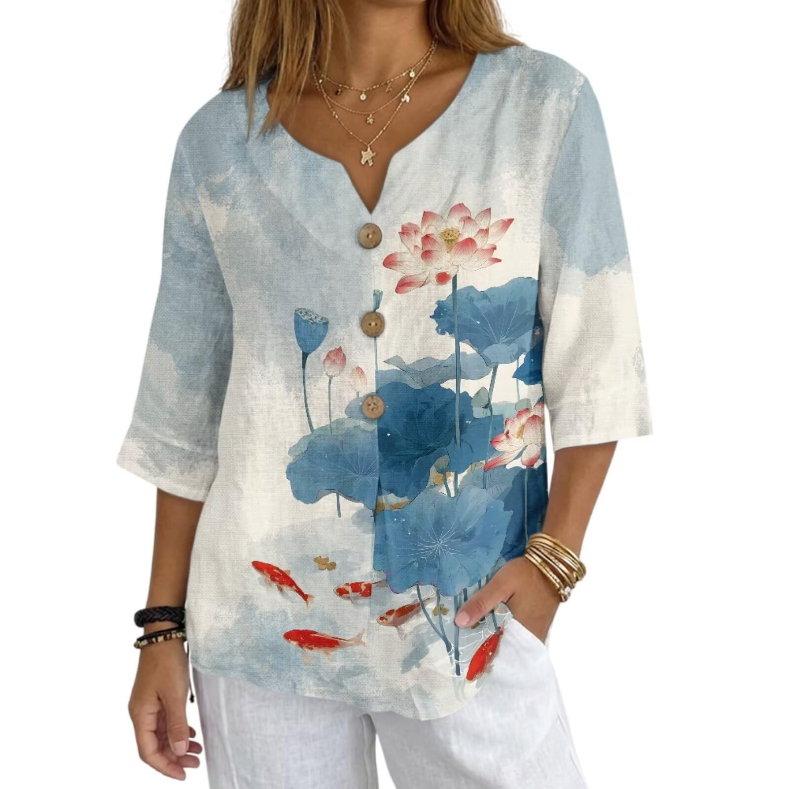 Women's V-Neck Tunic Top, Casual Polyester Linen Blouse with Decorative Buttons, Loose Fit Easy Care Everyday Wear