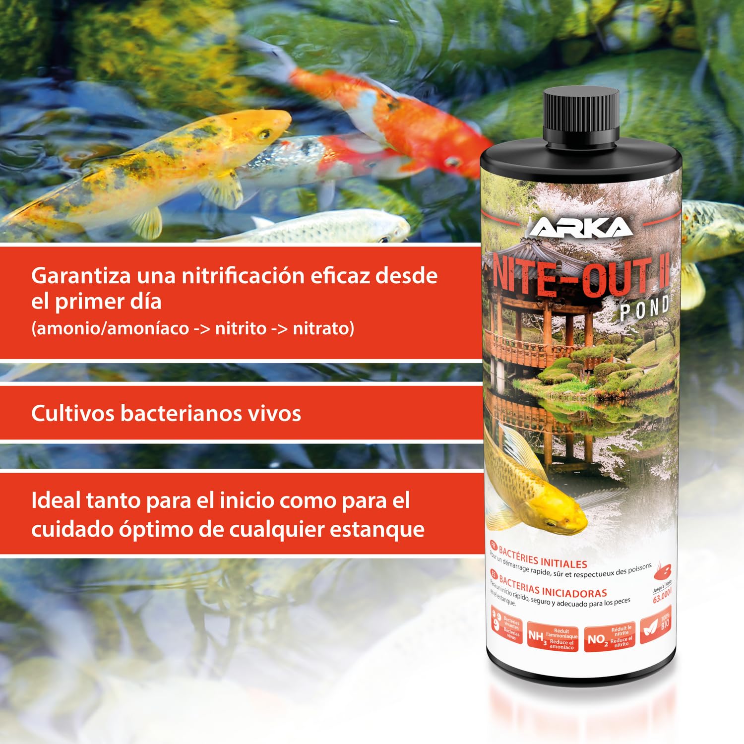 ARKA Pond Nite-out II - 946 ml - Bacterias iniciadoras Especialmente desarrolladas para estanques, preparan el Estanque para una siembra de Peces rápida y Segura.