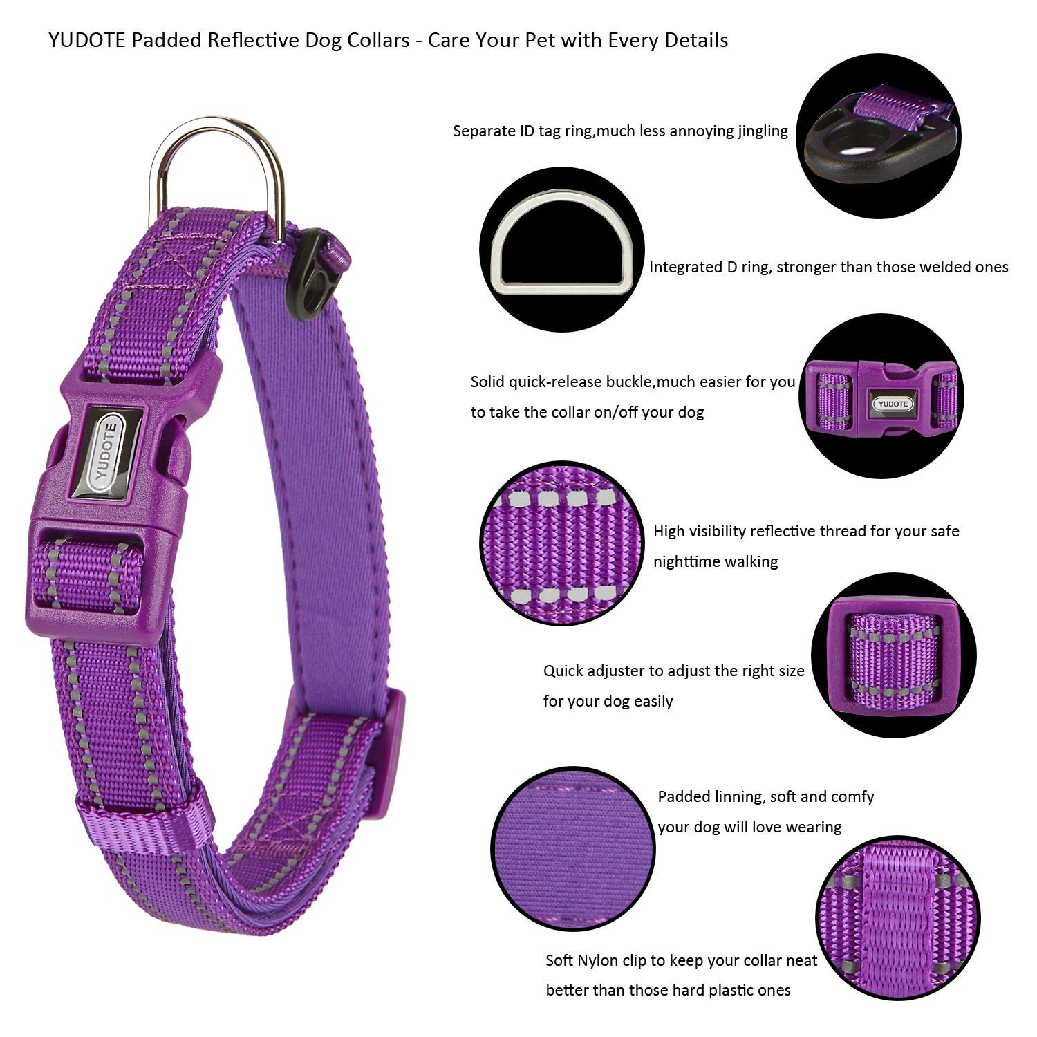 YUDOTE Collare per cani grande e resistente tessuto in nylon riflettente con fodera imbottita in neoprene morbido e confortevole per cani di grande taglia Uso quotidiano,Viola vibrante