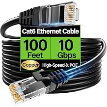Cat6 Ethernet Cable 10Gbps 100 ft, UTP Ethernet Cable Cat 6, Flexible Bare Copper Cat6 Cable, Cat 6 Network Cable for Server, Data Center, Black