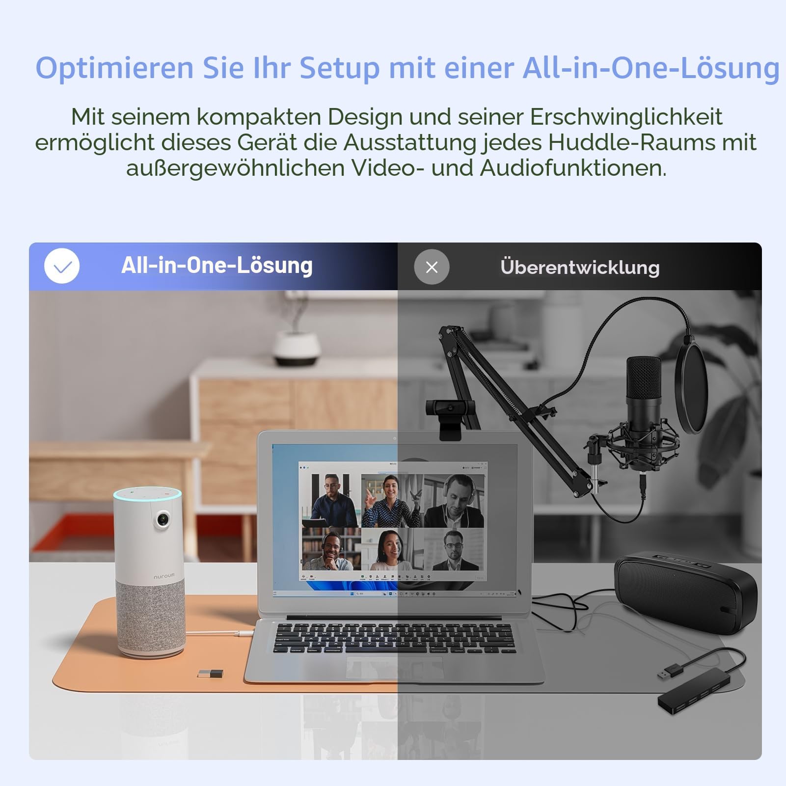 Nuroum Videokonferenz-Webcam mit Mikrofon&Lautsprecher, C10 1080P Kamera für Videokonferenz, Rauschunterdrückung/90° FOV/3m Reichweite, USB Plug&Play Freisprecheinrichtung für PC Windows/Mac