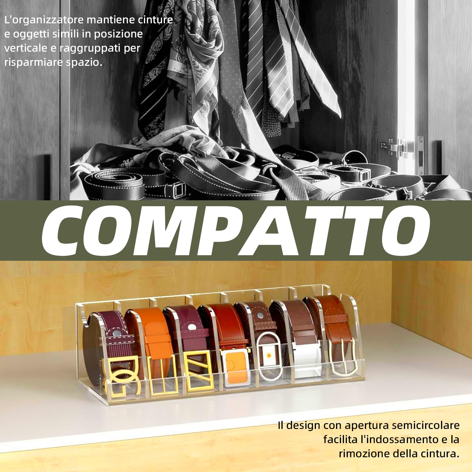 Scatola di immagazzinaggio cintura acrilica a 7 scomparti, stile cassetto cravatta e cintura portaoggetti