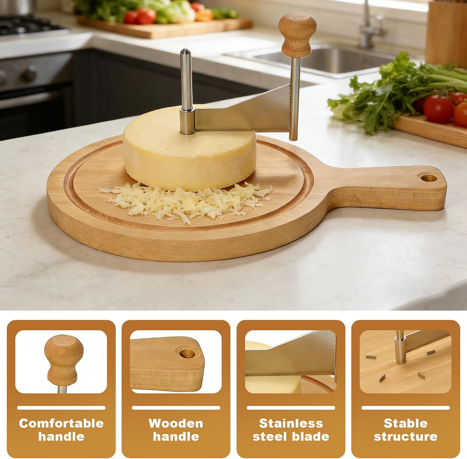 Girolle Cheese Shaver, Cheese Curler Flower Maker Wheel Slicer, Cheese Shaver Wheel with Sharp Stainless Steel Blade & Wood Base, Cheese Curler for Home Parties, Dessert Shops