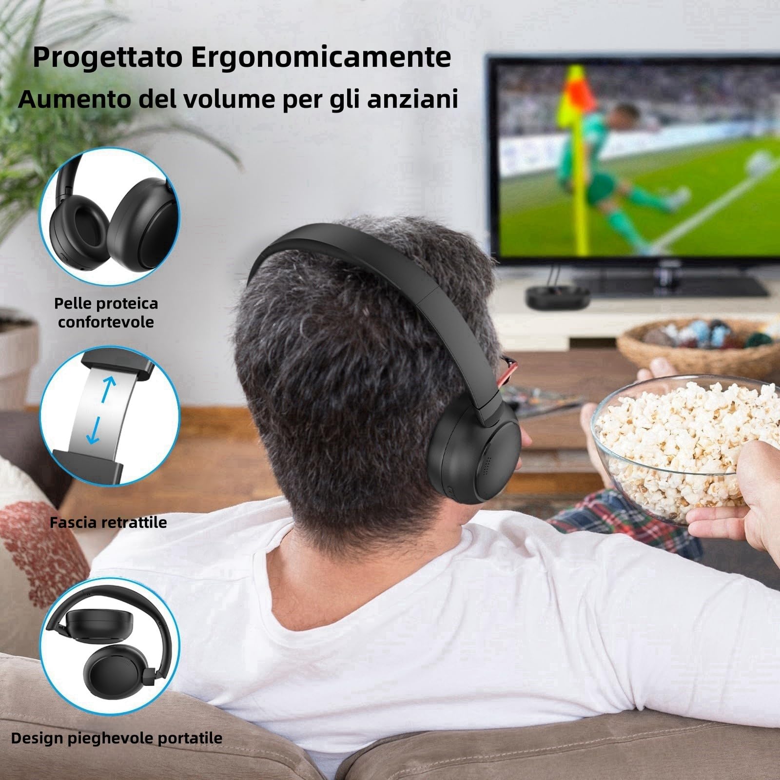 Cuffie TV senza fili, 2.4G e Bluetooth 5.3, tecnologia bi-modalità, cuffie TV per anziani, auricolari senza ritardo di sincronizzazione, con base trasmettitore, supporto in fibra ottica/USB/RCA/BT