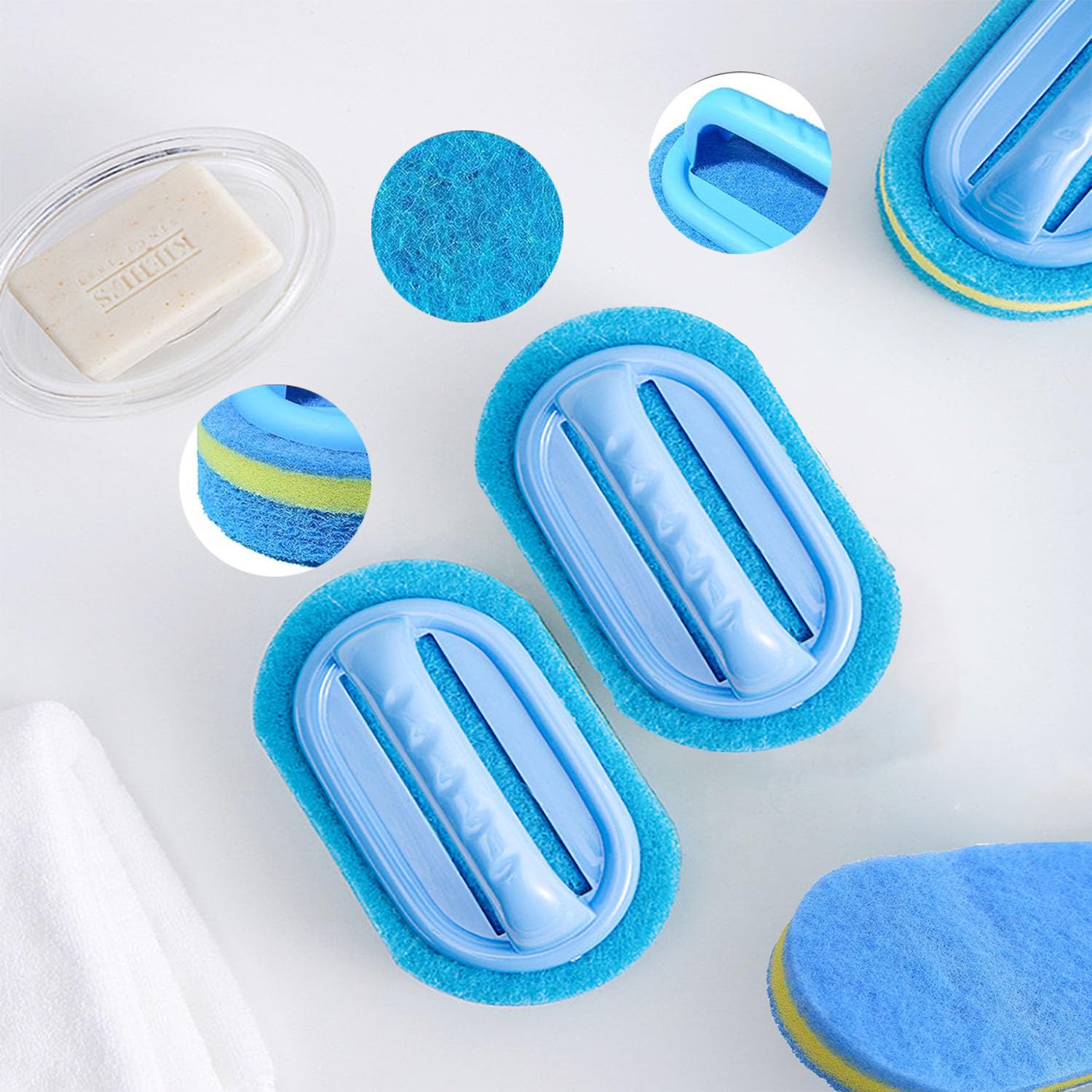 2 Pcs Bathroom Cleaning Sponge Brush with Plastic Handle Multi Function Scourer for Kitchen Tiles Bathtub and Toilet All Purpose Durable Design Blue Color - Image 4