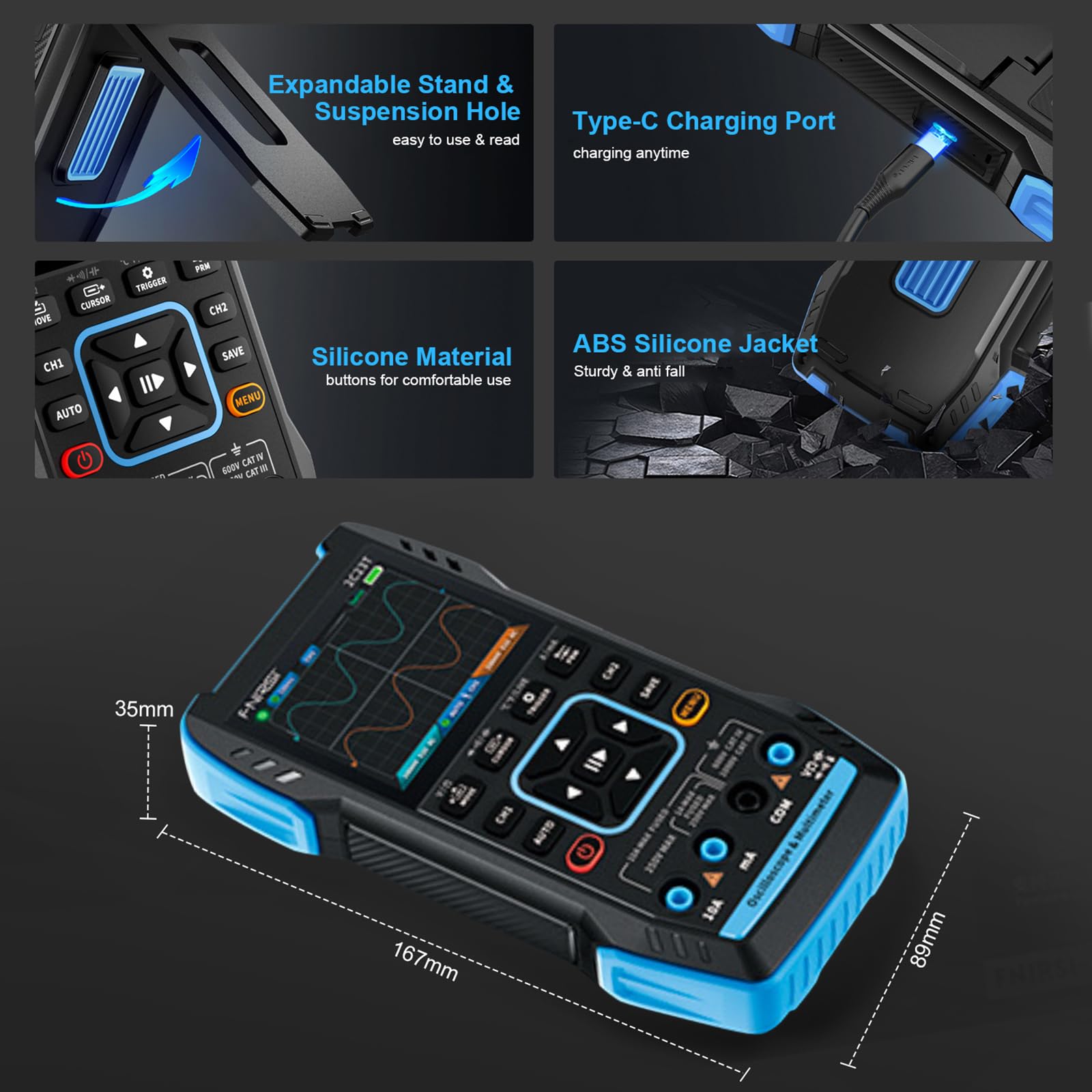 Kethvoz Digital Oscilloscope 2 Channel mit Auto Kalibrierung, 3 in 1 Oszilloskop 9999 Zählungen Handheld Multimeter Signalgenerator 10MHz Bandbreite 50MSa/s Abtastrate for DC/AC Spannung Strom Test