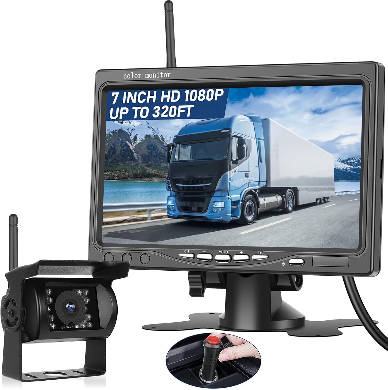 NHOPEEW Kit telecamera di retromarcia senza fili - schermo HD da 7 pollici con telecamera di backup wireless 1080P - visione notturna impermeabile IP68 per camion, rimorchi, autobus, auto, camper ecc