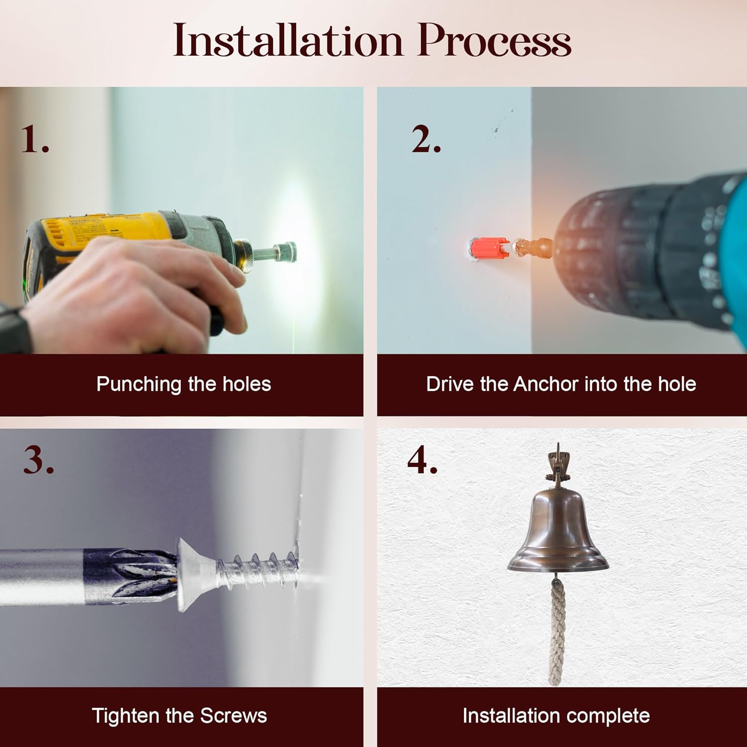 Solid Brass Wall Mounted Ship Hanging Bell for Reception, School, Outdoor, Indoor, Dinner & Chruch - 6 Inch by THDC