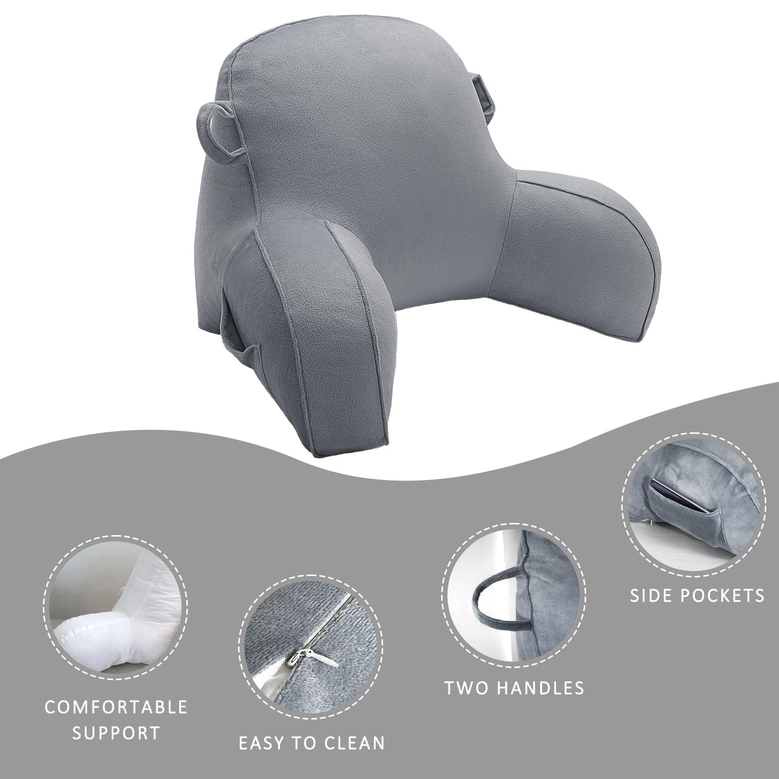 GKXLH - Almohada de lectura de terciopelo para sentarse en la cama para niños y adultos, almohada de espalda para niños, almohada de apoyo de espalda con doble asa, brazo y bolsillo y funda lavable