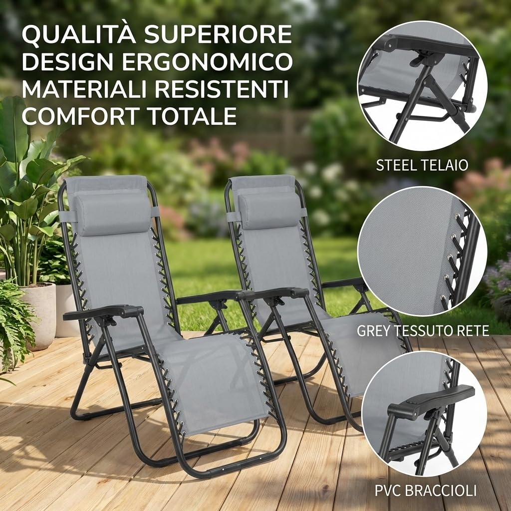 MAKA |SET X2 | Sdraio da Giardino, Sedia Sdraio da Esterno Pieghevole, Lettino Prendisole da Giardino, Sedia da Spiaggia Pieghevole Portatile, Telaio Acciaio, Braccioli PVC, Tessuto Rete (Grigio)
