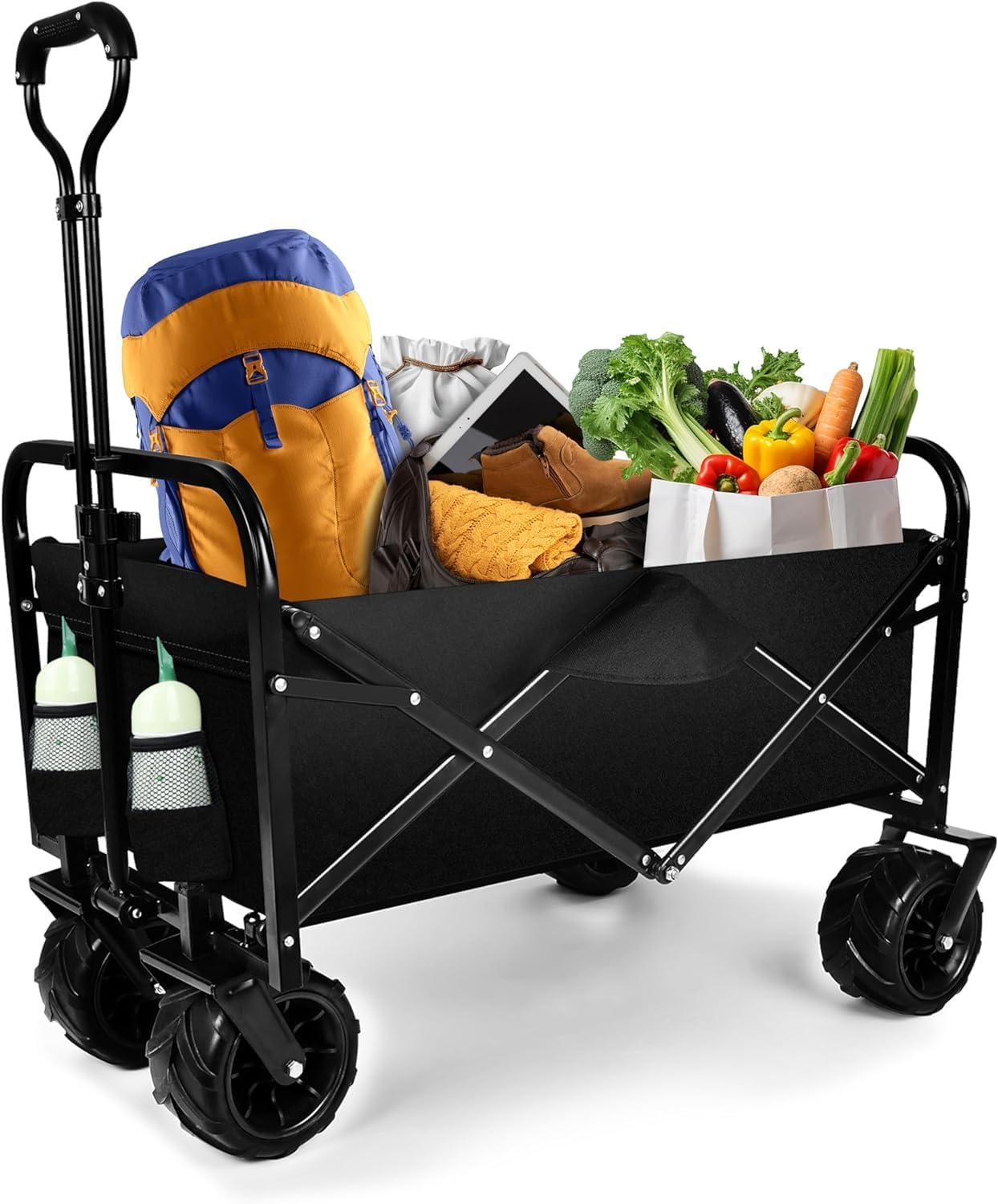 2-in-1 Collapsible Wagon Cart Converts to Bench, 220lbs Heavy Duty Foldable Wagon with Wheels, 120L Large Capacity Utility Cart for Beach, Garden, Camping, Shopping & Sports-image-12