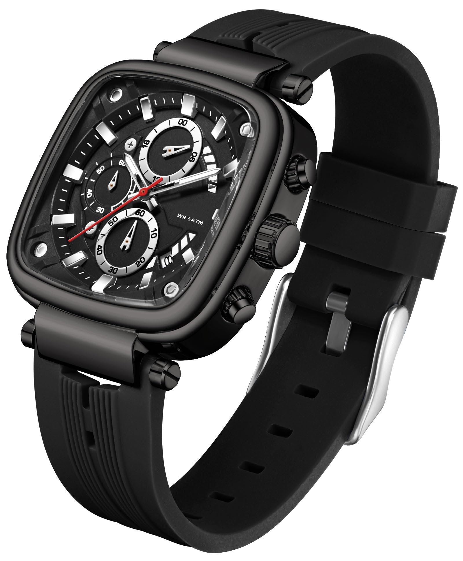 Analoge Herrenuhr Rechteckig Quarz Armbanduhr Herren Wasserdicht Beleuchtung mit 3 Zifferblatt 6 Zeiger Chronograph Stoppuhr Datum Anzeig Cooles Quadratisches Design Retro Weiß Gold