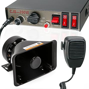 9 Tones Emergency PA Siren System 12V 200W [Rectangle Speaker][125-135dB][Handheld Microphone][Hands-Free][2 x 10A Switches] for Vehicles Truck SUV ATV UTV