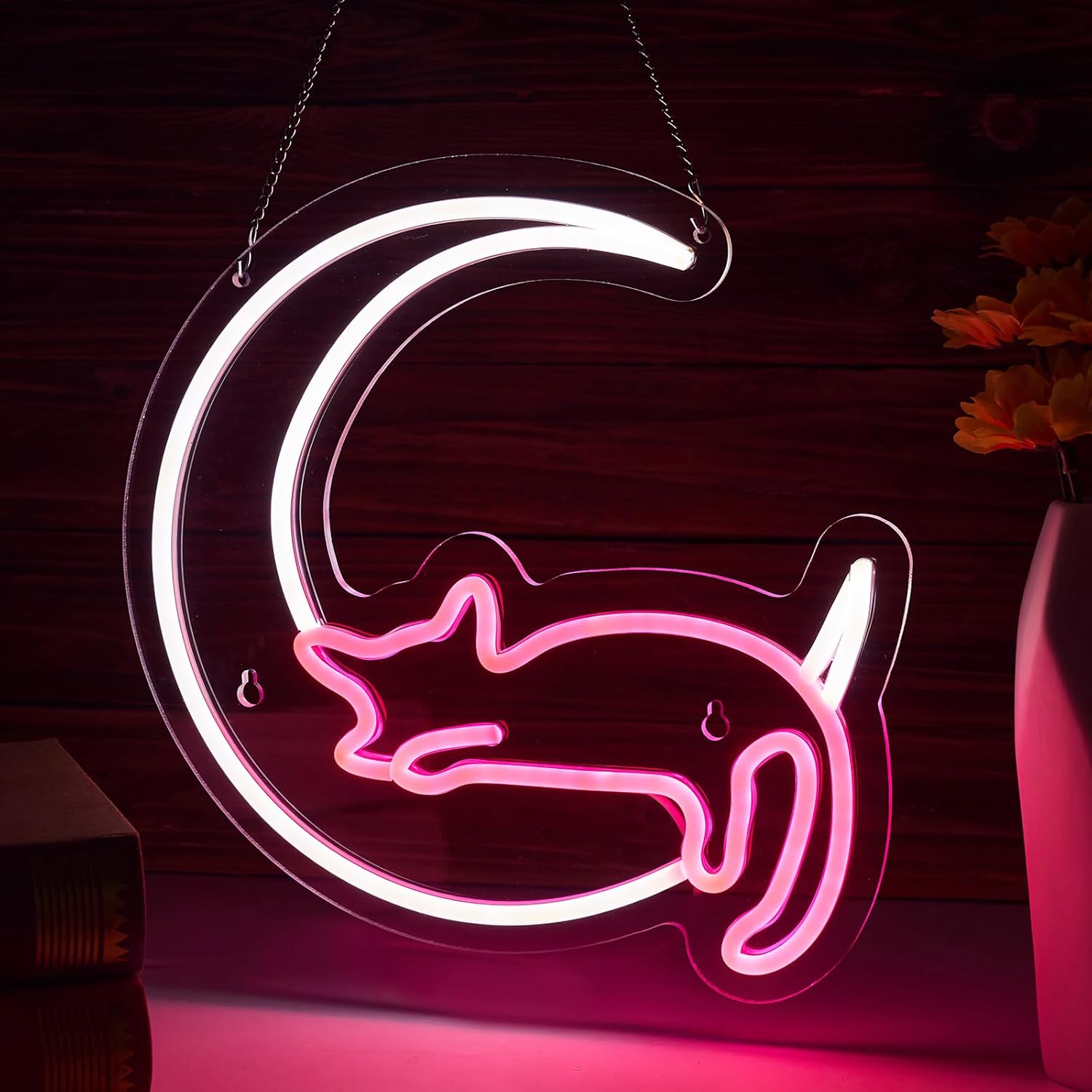 Moon Cat Neon Sign for Wall Decor USB Powered Five Oclock Dimmable Girls Room LED Lights Aesthetic Home Decoration