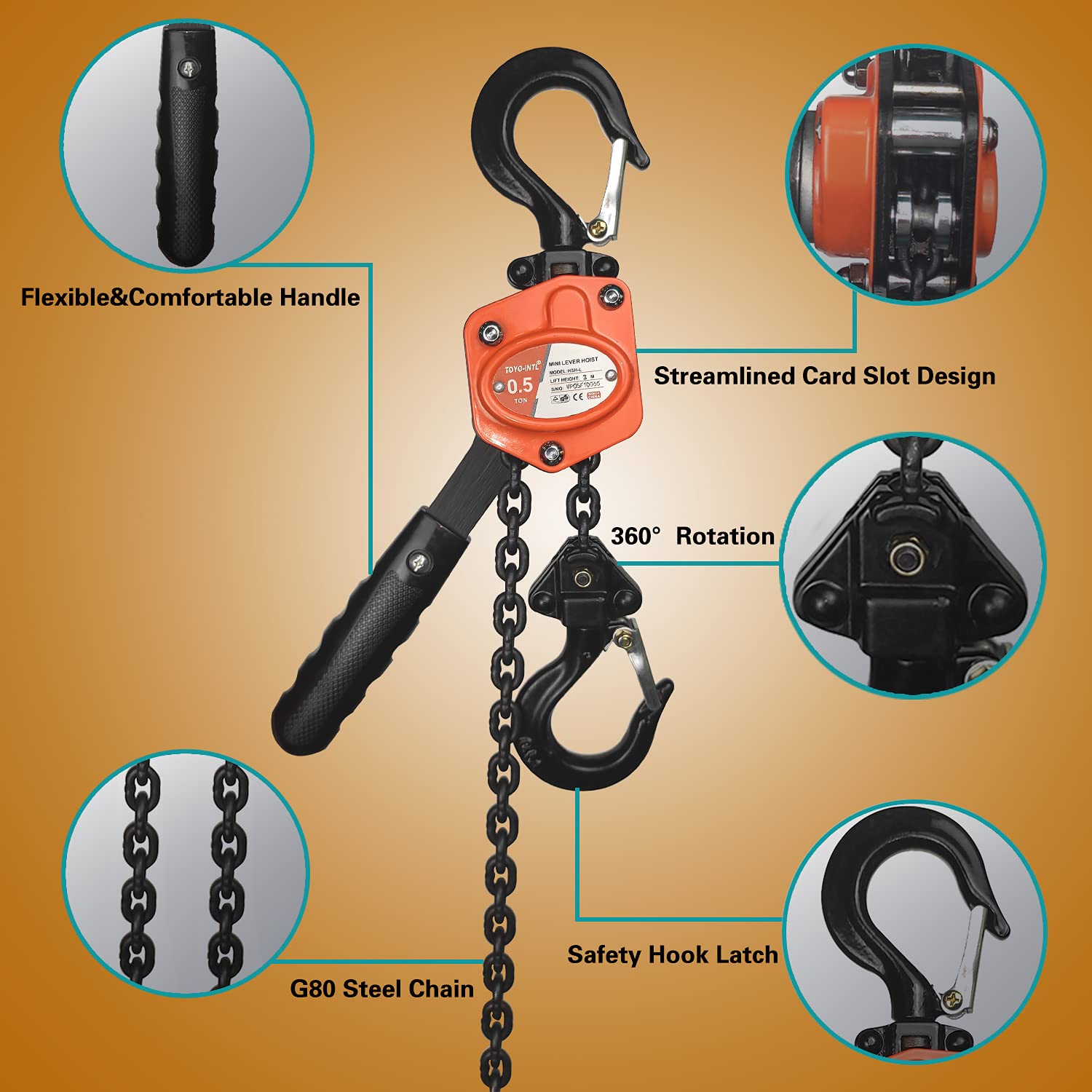 TOYO-INTL Mini Lever Chain Hoist 0.5Ton 1100lbs Lever Hoist 10Ft Ratchet Chain Puller Hoist 2 Heavy Duty Hooks Industrial Grade Steel Construction (1100lb 10ft): Industrial & Scientific