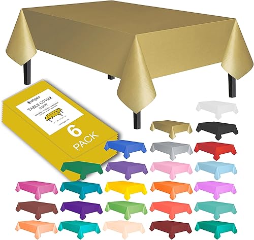 allgala Mantel desechable a prueba de agua, paquete de 6 unidades, 54 x 108 pulgadas, dorado, para fiestas, cumpleaños, bodas, picnic, fiestas,