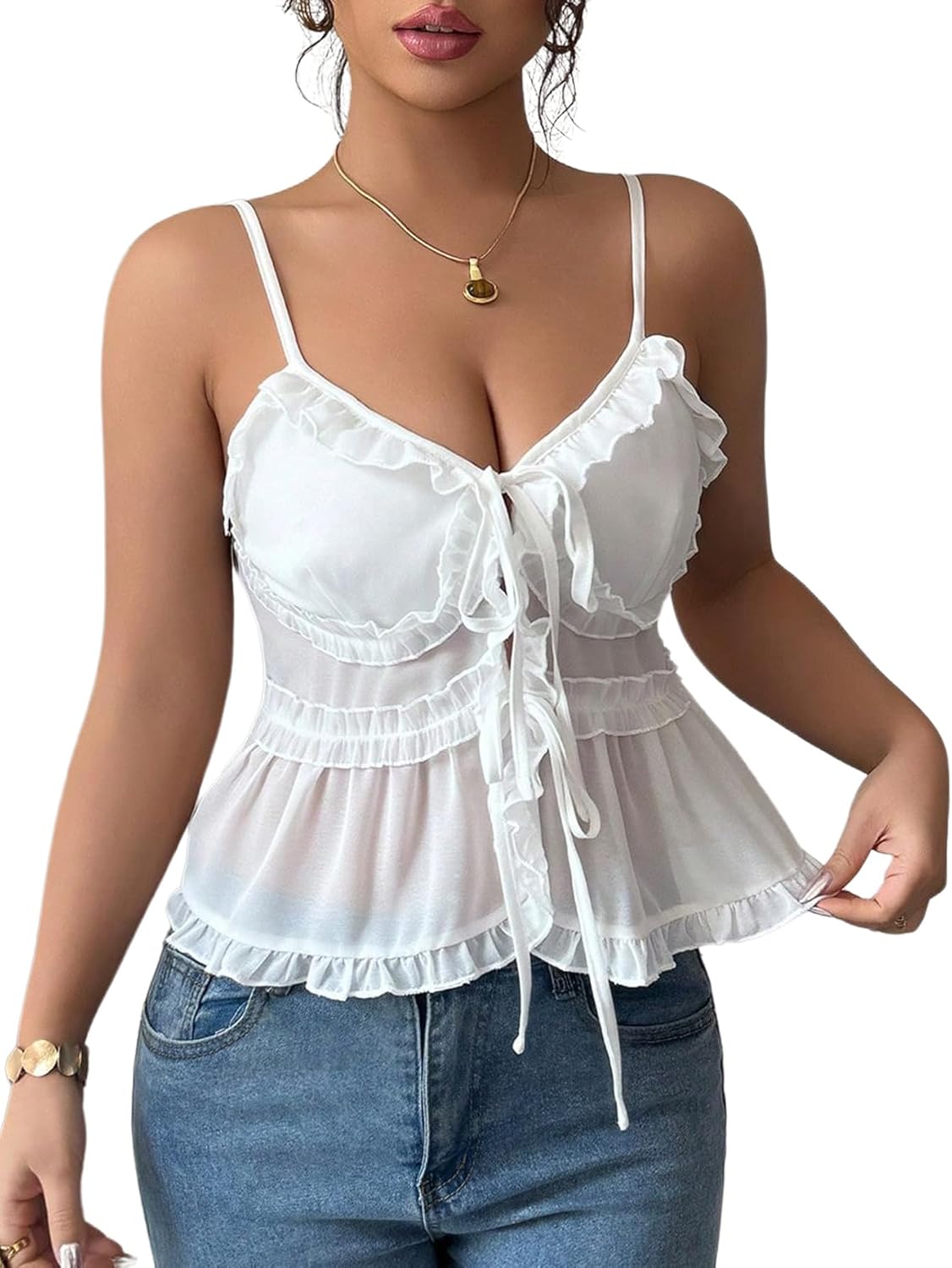 SweatyRocks Women's Y2k V Neck Ruffle Trim Tops Summer Sleeveless Spaghetti Strap Women Shirts