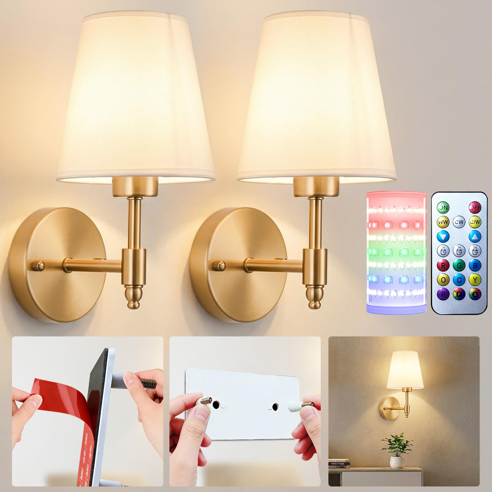 Klarlight Battery Operated Wall Sconce Set di 2, RGB + 3CCT Lampade da Parete Ricaricabili, Lampade Dimmabili con Telecomando, Lampade Wireless per Camera da Letto Soggiorno Corridoio Decorazione