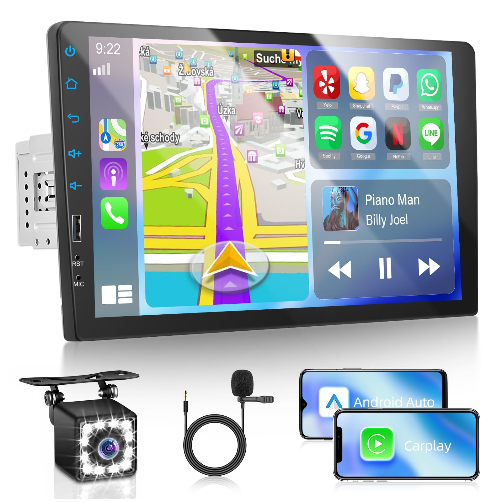 Autorradio 1 DIN con Carplay y Android Auto, Radio con Pantalla Táctil de 9 Pulgadas y EQ, Bluetooth, Radio FM, 1080P, SWC + Micrófono + Cámara de Marcha Atrás
