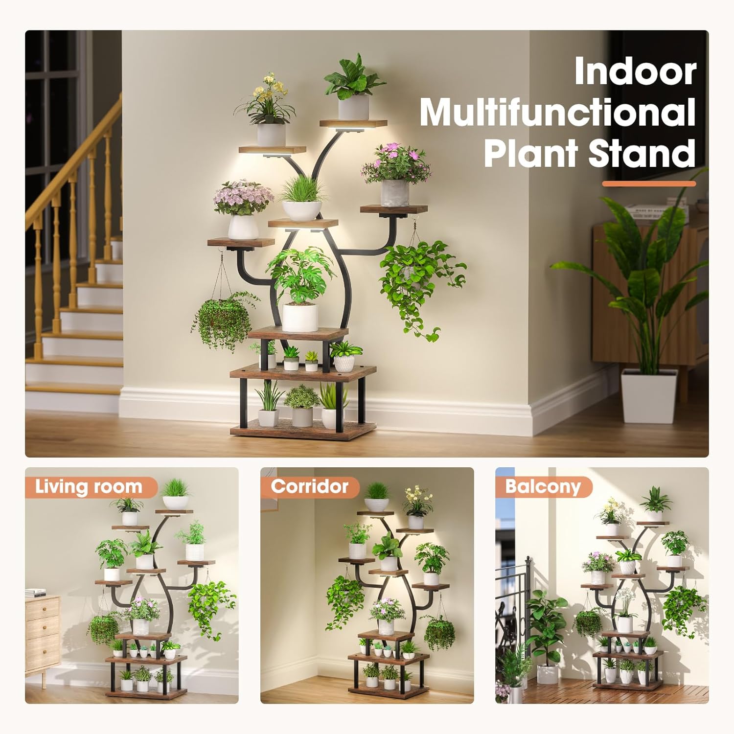 Tovve Plant Stand Indoor with Grow Light, 8 Tiered 48" Small Plant Shelf, Corner Plant Stand Stand for Indoor Plants Multiple, Metal Humen-Shaped Plant Flower Holder, for Living Room, Patio, Balcony