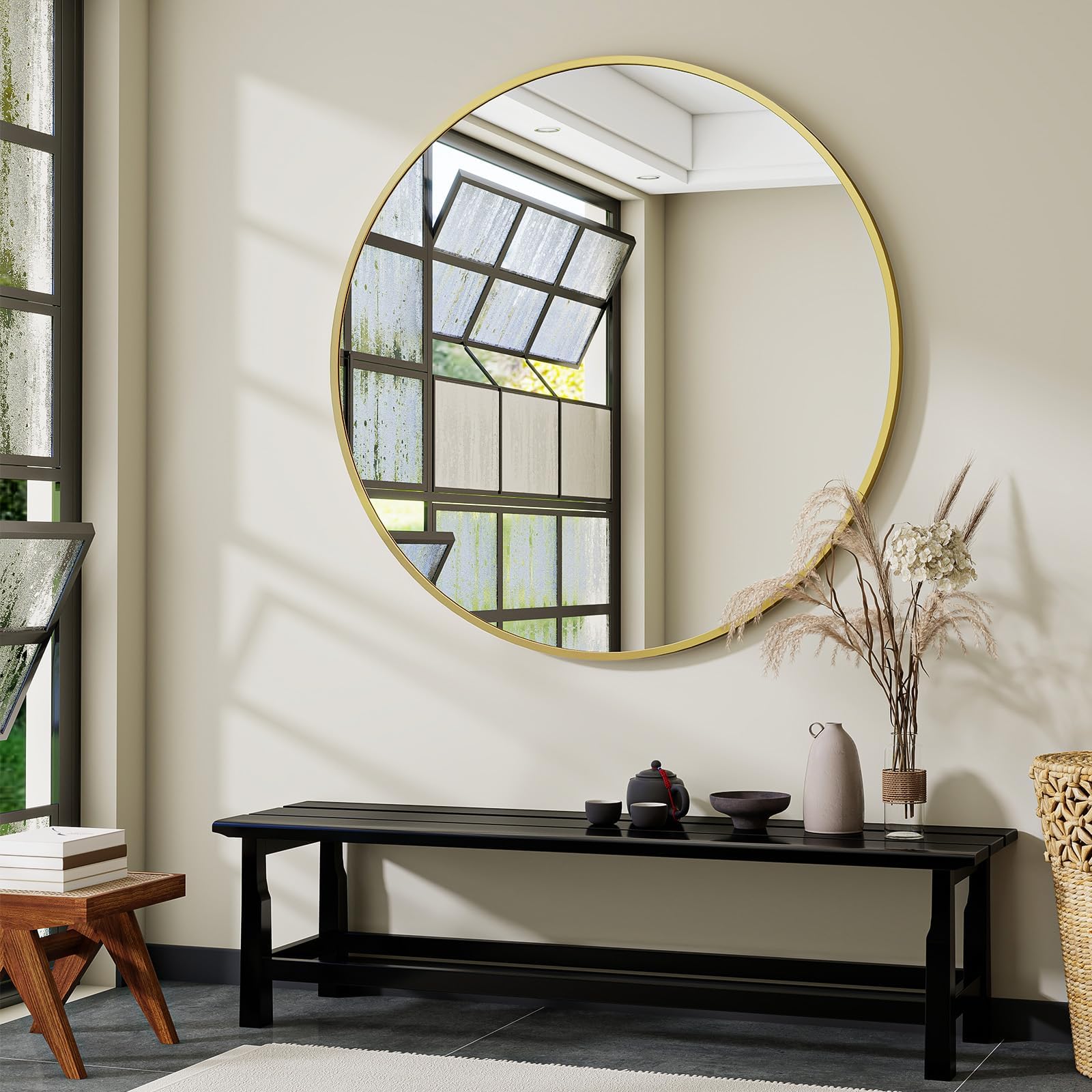 VooBang Large Gold Round Bathroom Mirror 48" with Thin Metal Frame | Circle Wall Mounted Mirror Hanging or Leaning Decor for Hallway, Entryway, Fireplace Mantel, Living Room