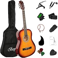 Vista 9 de Kit básico de iniciación de guitarra acústica de viaje de 96.5 cm para principiantes, con afinador, cejilla, cuerdas, enrolladores de cuerdas