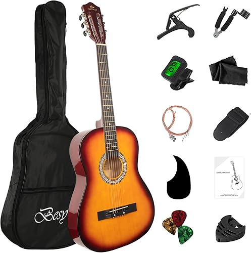 Miniatura 9 de Kit básico de iniciación de guitarra acústica de viaje de 96.5 cm para principiantes, con afinador, cejilla, cuerdas, enrolladores de cuerdas